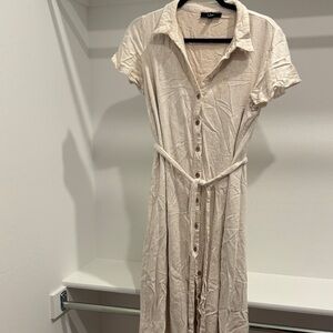 Lulu's Beige Button-Up Midi Dress